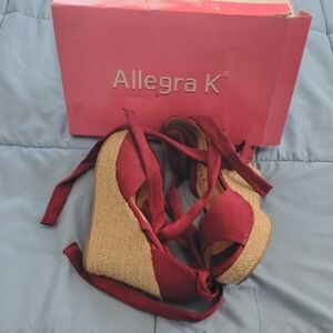 Allegra K Burgundy Lace-Up Espadrille Wedge Sandals